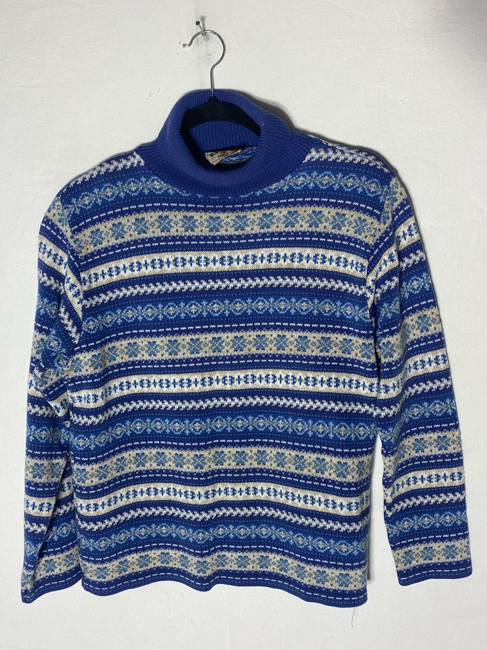 Vintage 90s Nevada Fair Isle Mock Neck Knit Sweater Blue Geometric M Cottagecore